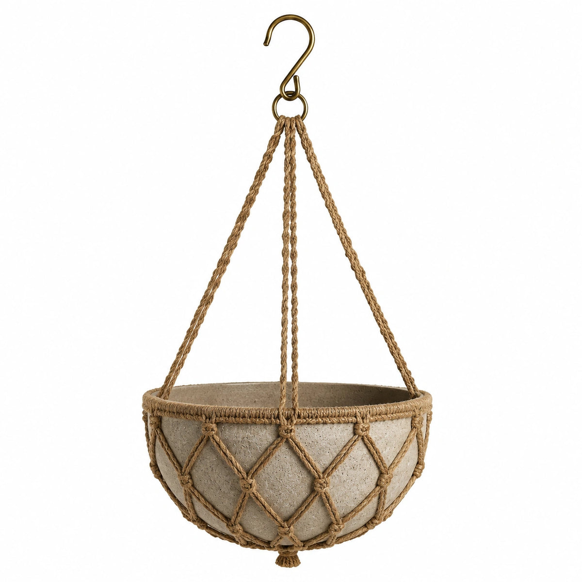 Pot de fleurs suspendu 30 cm en béton beige avec corde tressée pour plantes