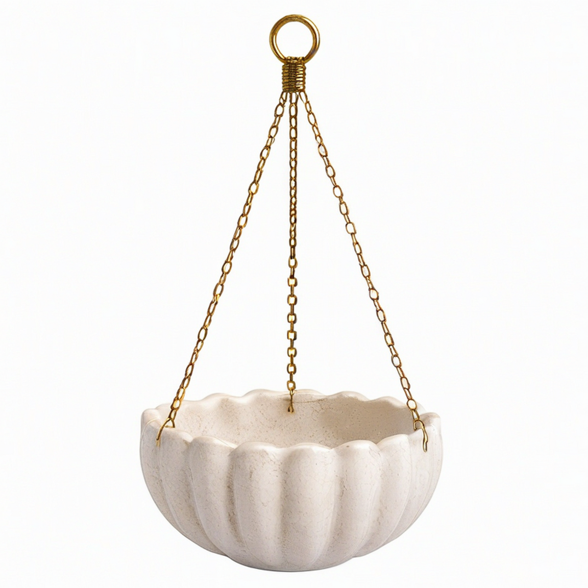 Pot de fleurs suspendu Ø 30 cm en céramique beige avec chaînes métalliques style ondulé