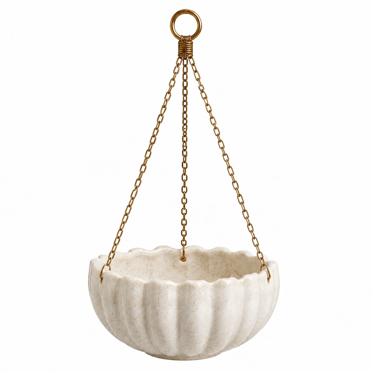 Pot de fleurs suspendu Ø 30 cm en céramique beige avec chaînes métalliques style ondulé