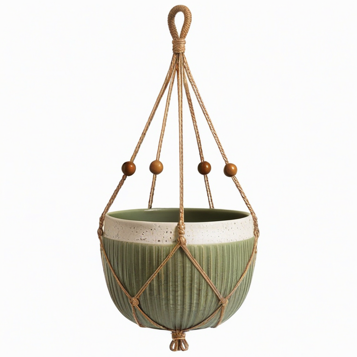Pot de fleurs suspendu diamètre 18 cm en céramique vert beige avec corde tressée style bohème