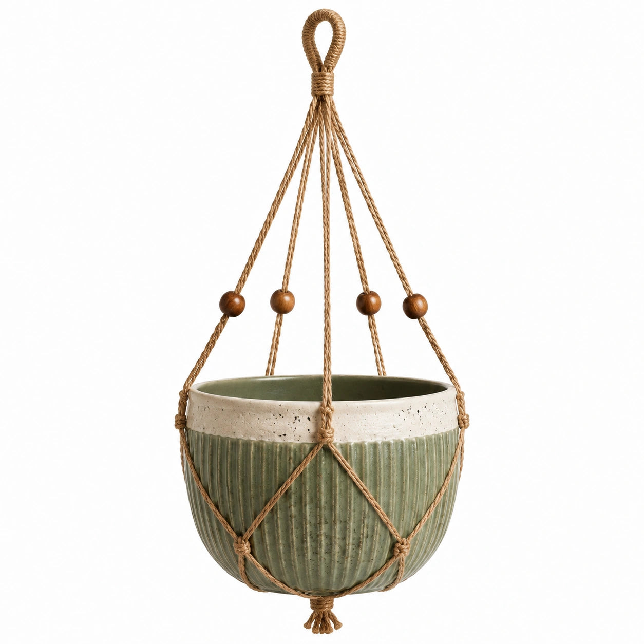 Pot de fleurs suspendu diamètre 18 cm en céramique vert beige avec corde tressée style bohème
