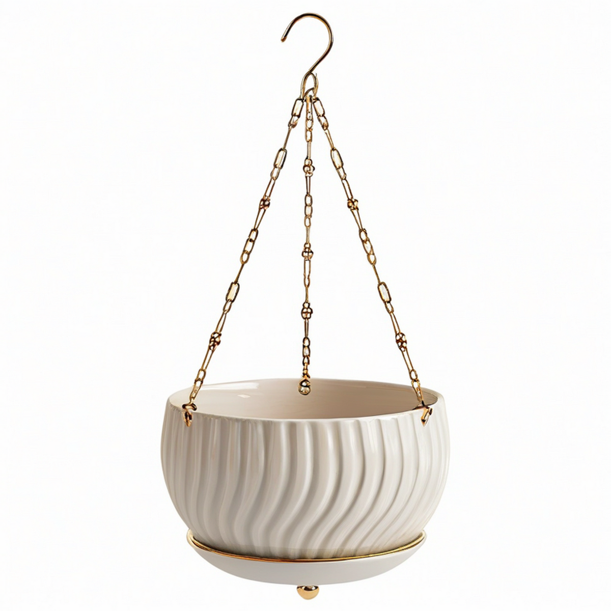 Pot de fleurs suspendu 20 cm en céramique blanc et doré pour intérieur