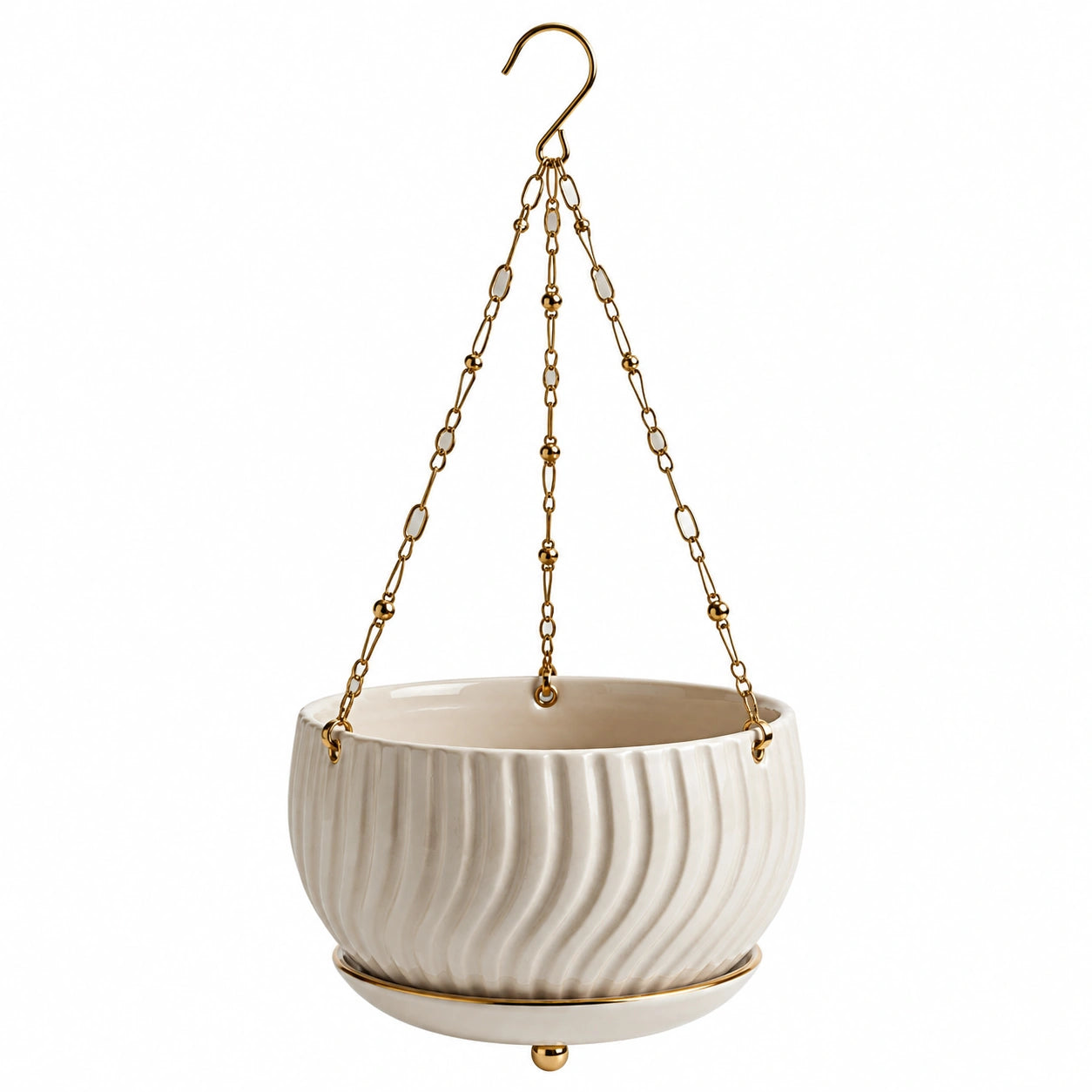 Pot de fleurs suspendu 20 cm en céramique blanc et doré pour intérieur