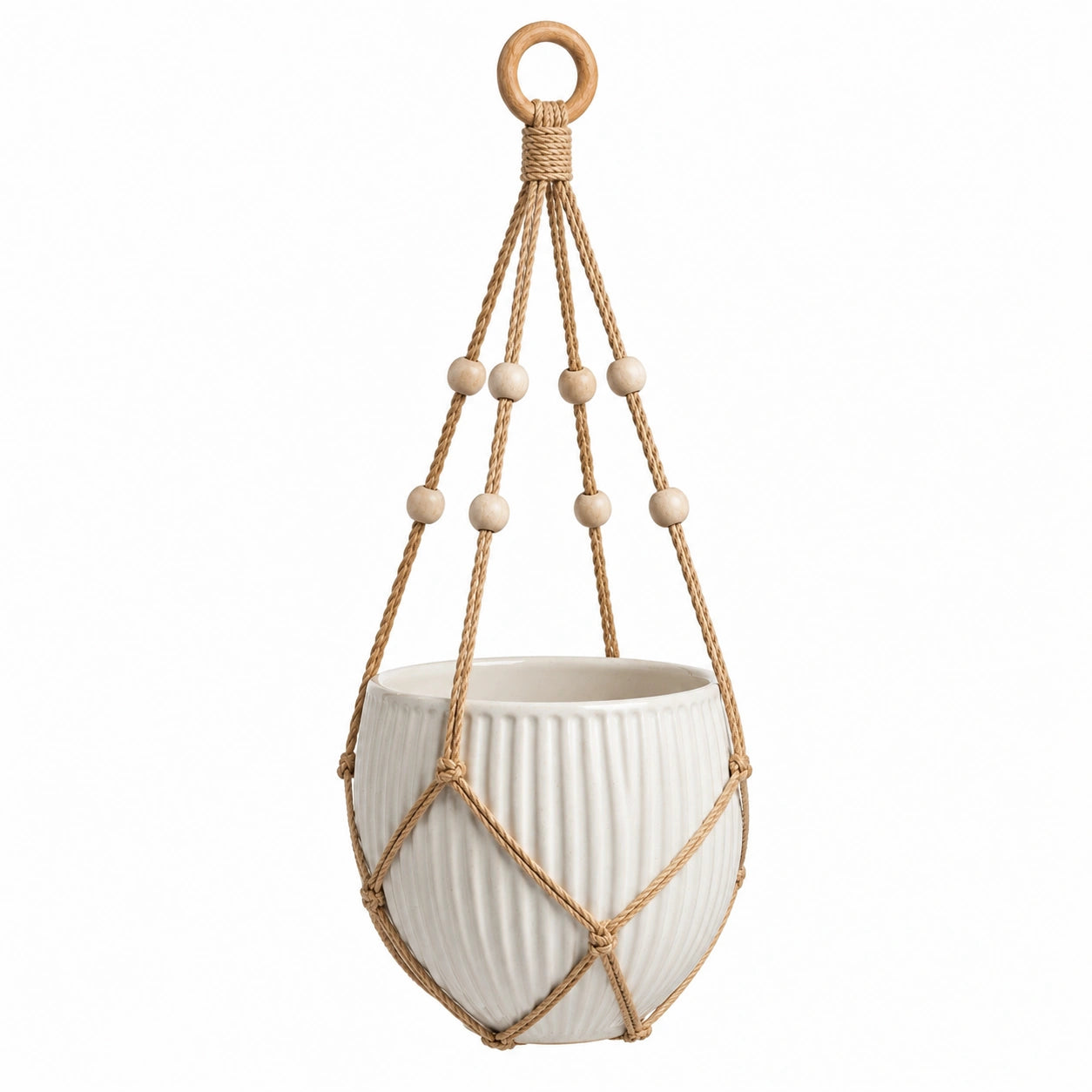 Pot de fleurs suspendu diamètre 18 cm hauteur 15 cm en céramique blanche avec cordage tressé style bohème