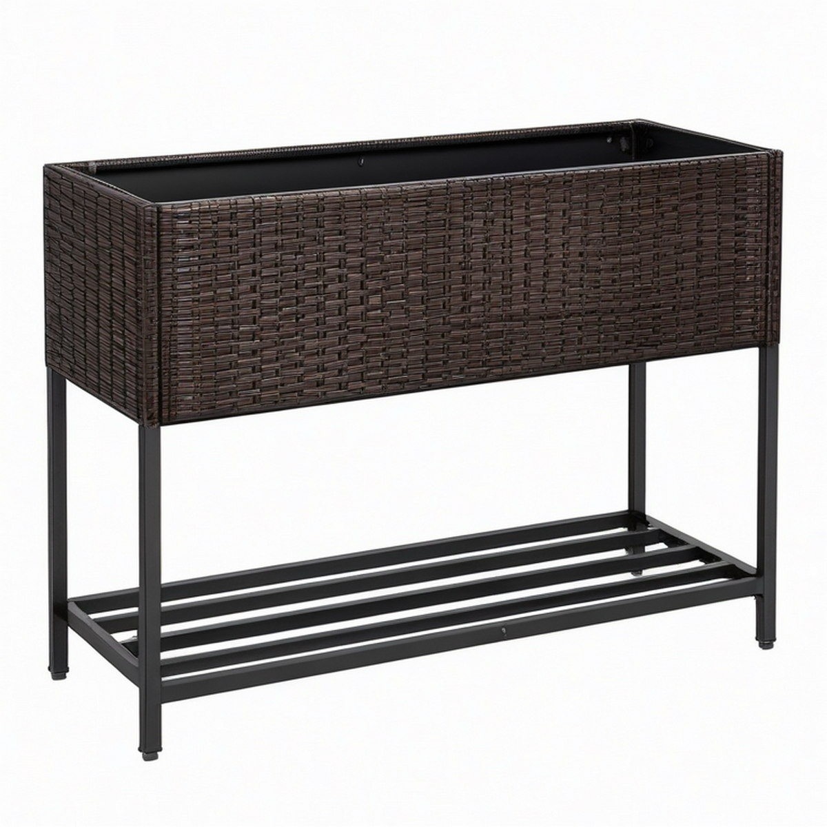 Jardinière surélevée 100 x 40 x 80 cm en résine tressée marron avec étagère extérieure