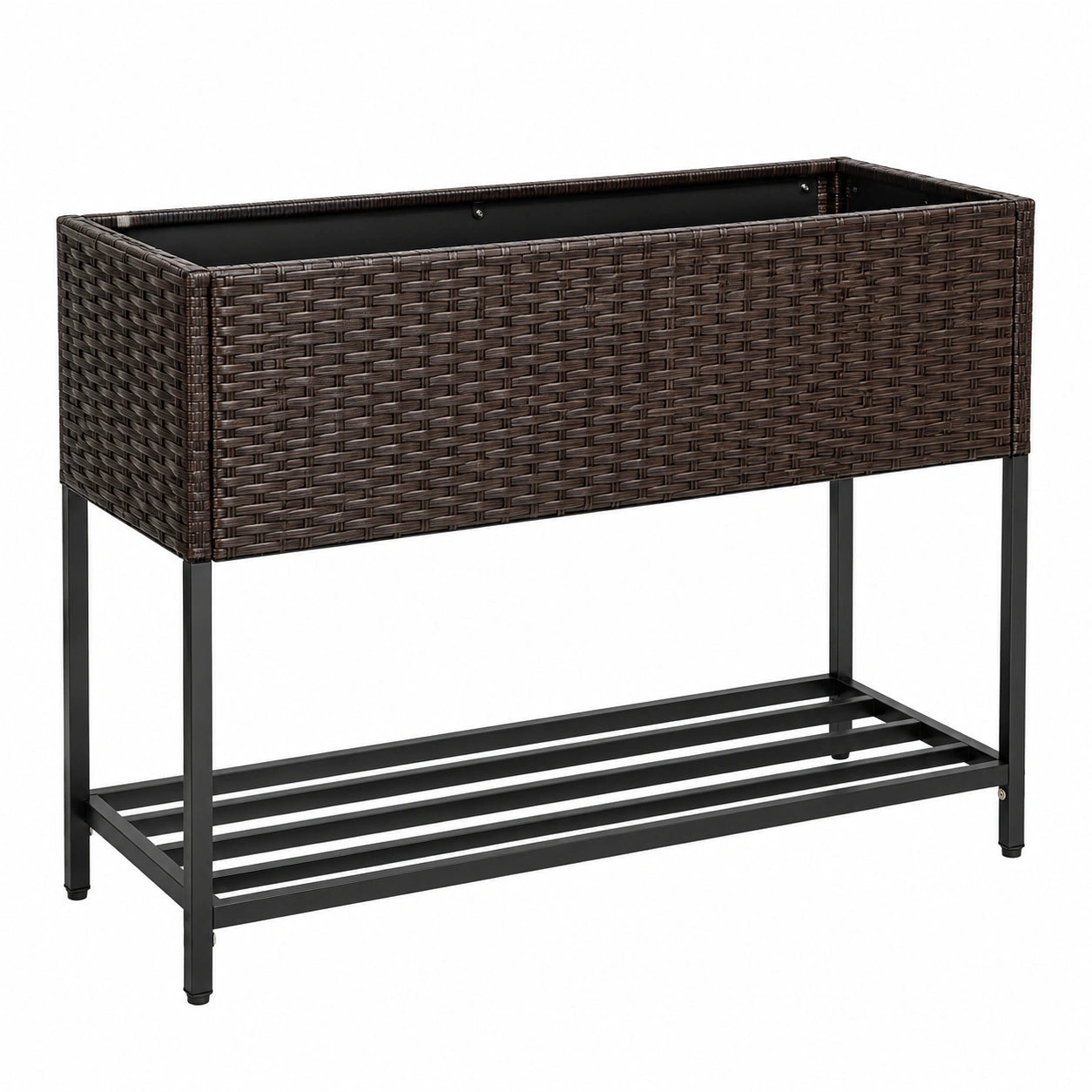 Jardinière surélevée 100 x 40 x 80 cm en résine tressée marron avec étagère extérieure