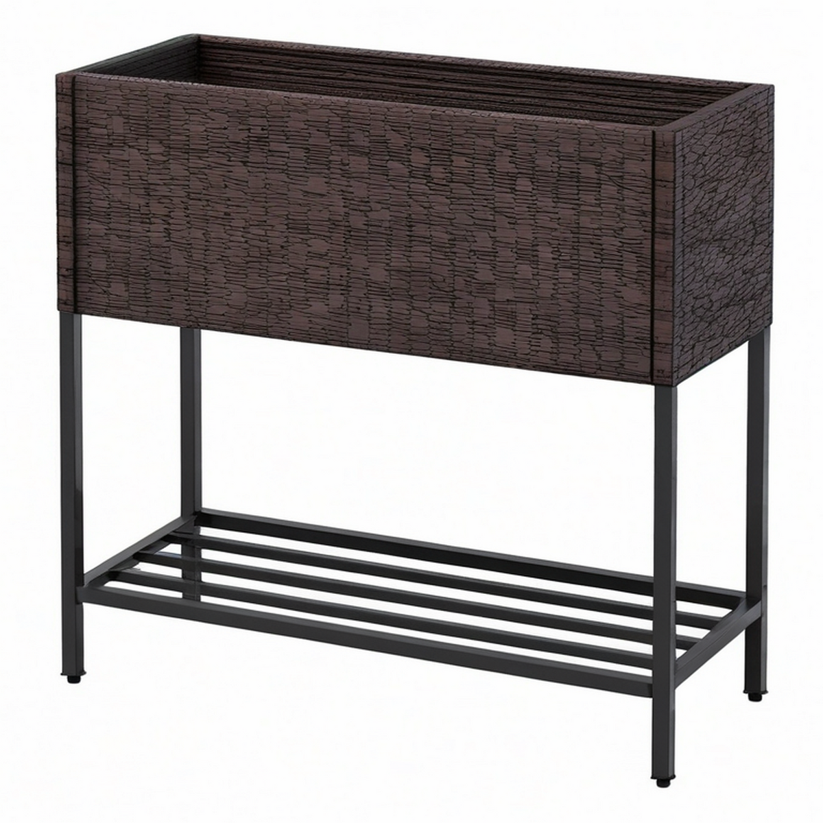 Jardinière surélevée 100 x 40 x 80 cm en résine tressée marron avec étagère de rangement pour extérieur