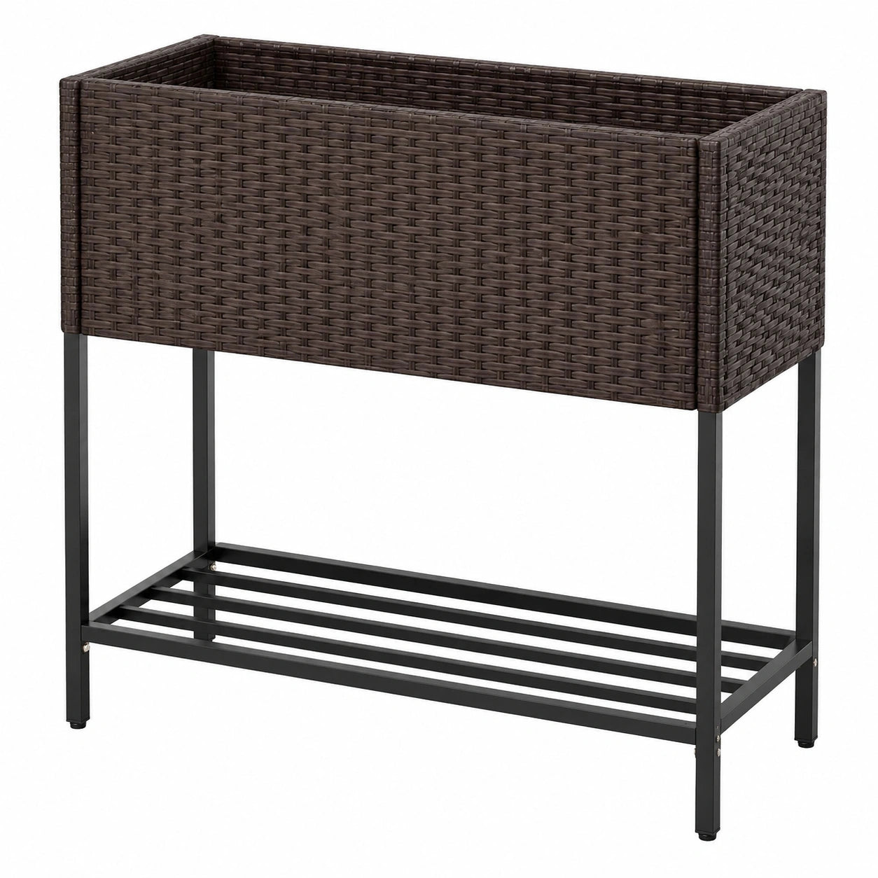 Jardinière surélevée 100 x 40 x 80 cm en résine tressée marron avec étagère de rangement pour extérieur