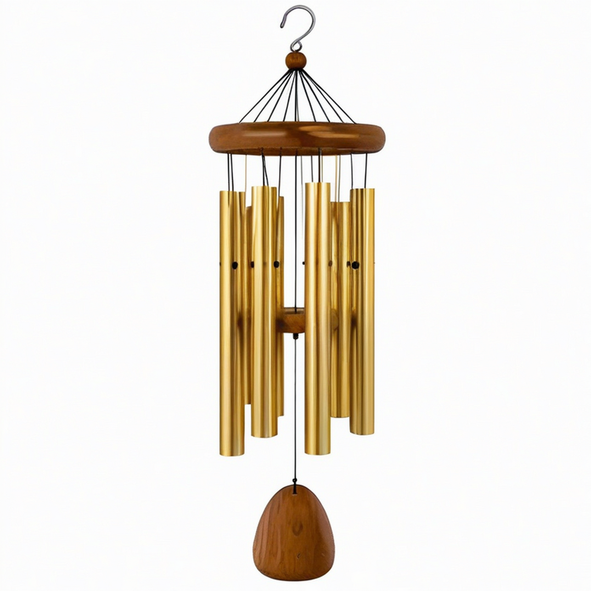 Carillon à vent 85 cm en métal et bois doré marron à suspendre décoratif