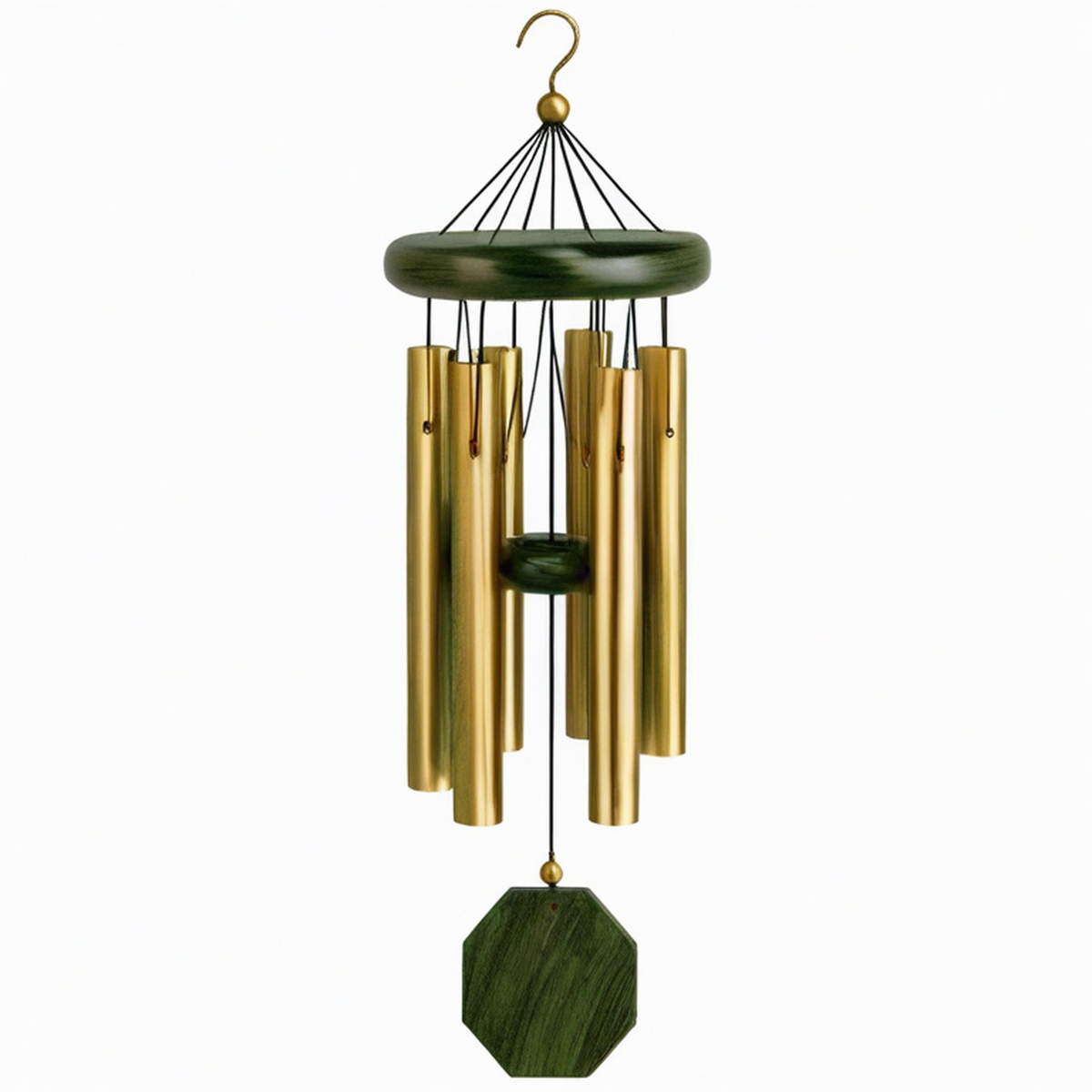 Carillon éolien 80 cm en métal doré et bois vert pour décoration suspendue