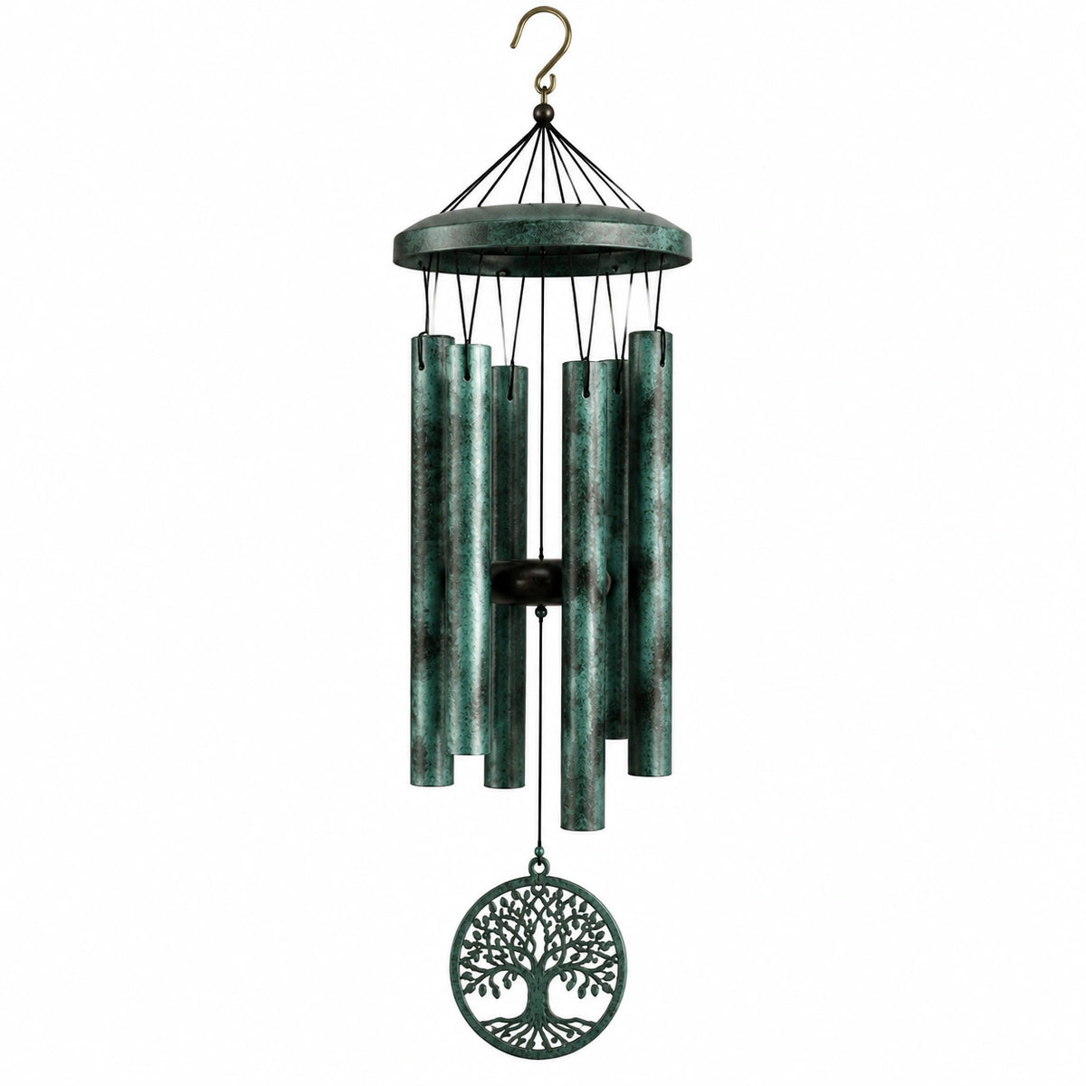 Carillon éolien 85 cm en métal vert patiné à suspendre avec motif arbre