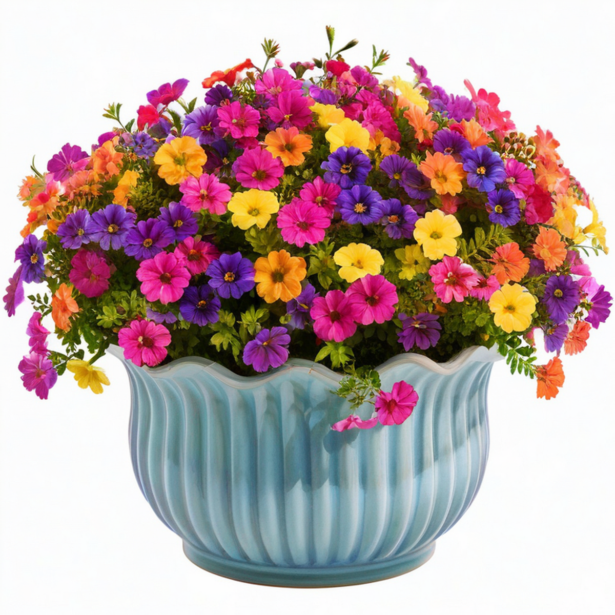 Plante fleurie artificielle en pot 45 cm céramique bleu multicolore décoration intérieure