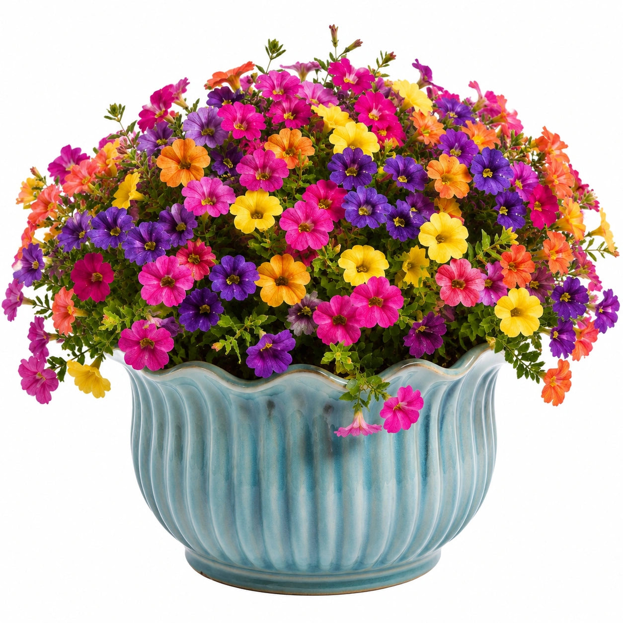 Plante fleurie artificielle en pot 45 cm céramique bleu multicolore décoration intérieure