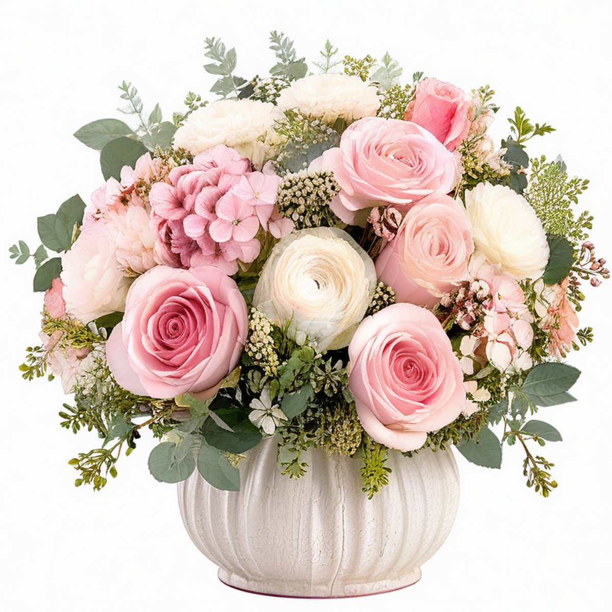 Composition florale artificielle 45 cm rose et blanc en polyester avec vase en céramique décorative