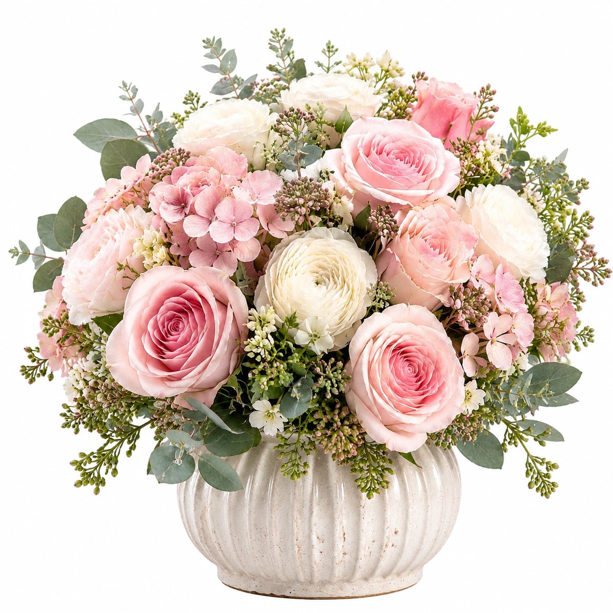 Composition florale artificielle 45 cm rose et blanc en polyester avec vase en céramique décorative