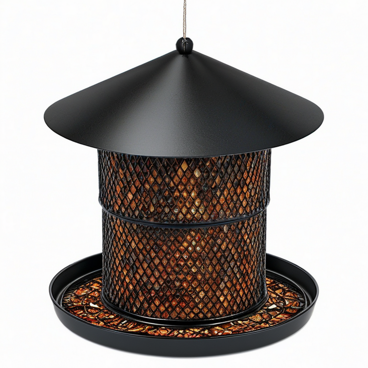 Mangeoire à oiseaux suspendue diamètre 25 cm hauteur 32 cm en métal noir avec plateau collecteur