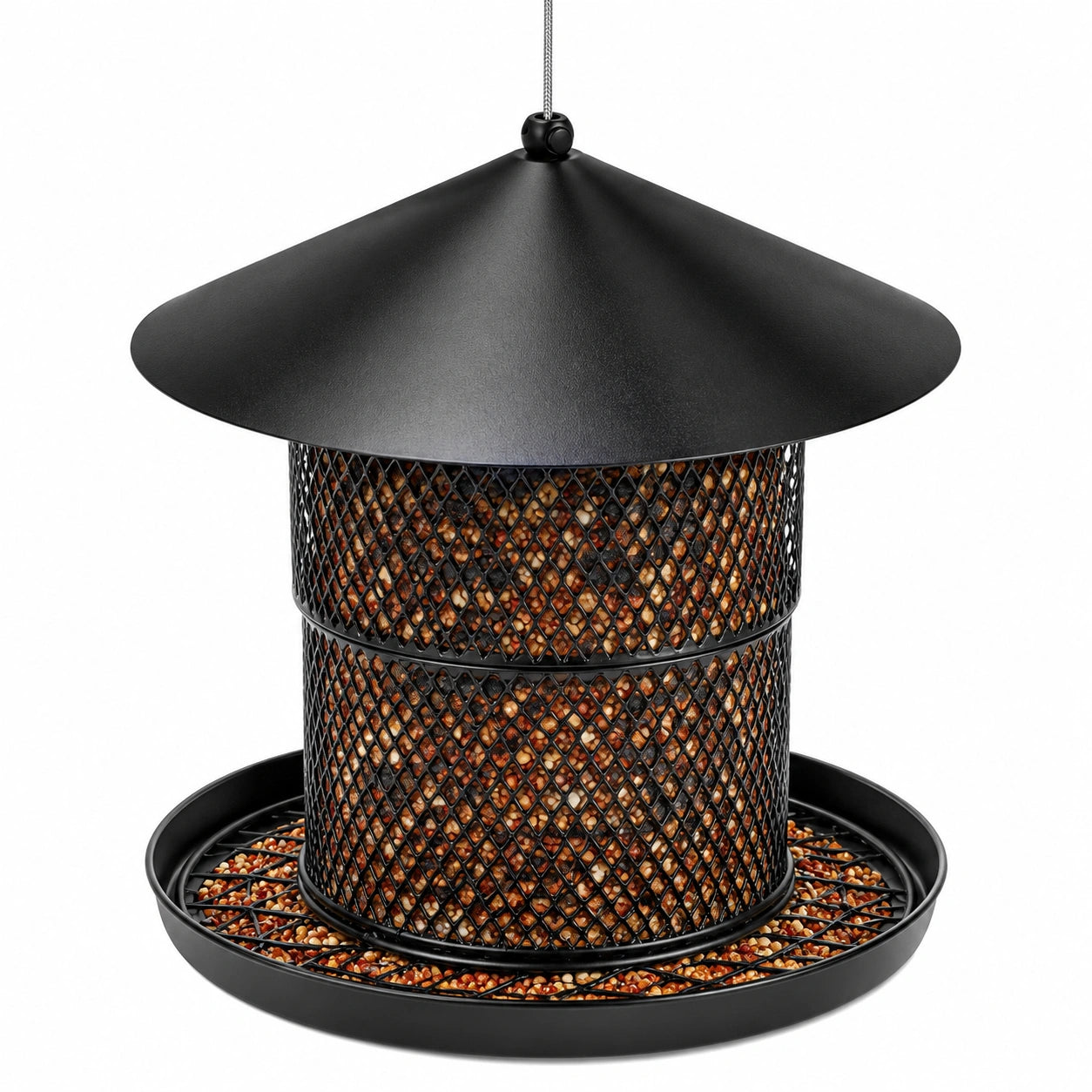 Mangeoire à oiseaux suspendue diamètre 25 cm hauteur 32 cm en métal noir avec plateau collecteur