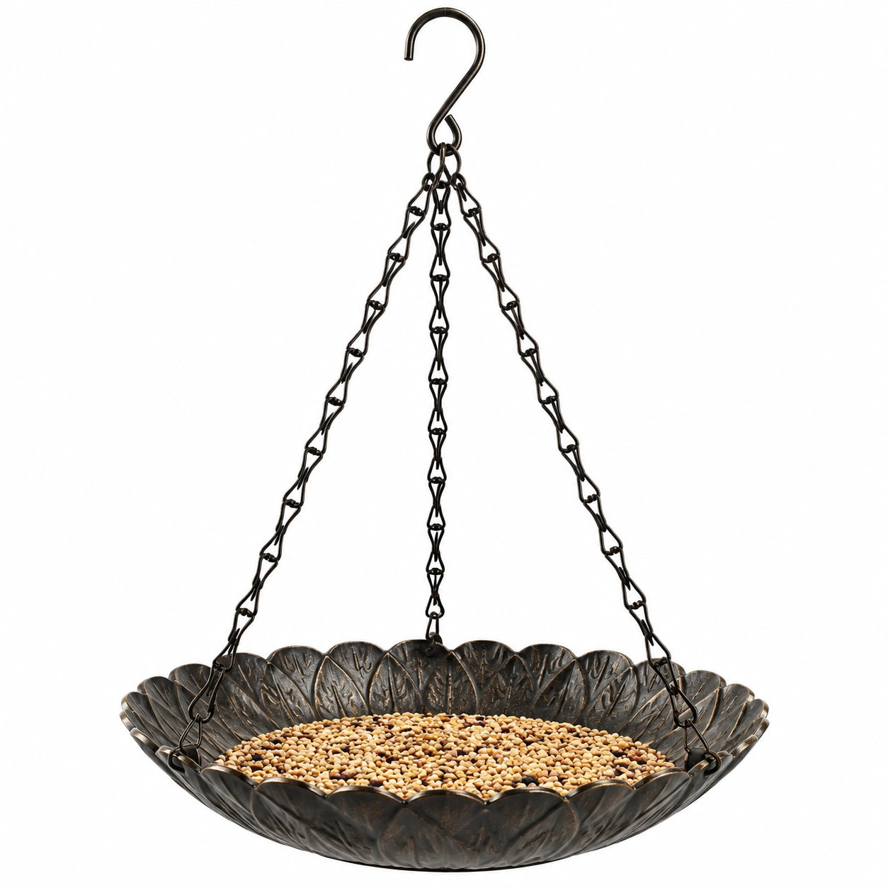 Mangeoire à oiseaux suspendue diamètre 30 cm en métal noir style feuille