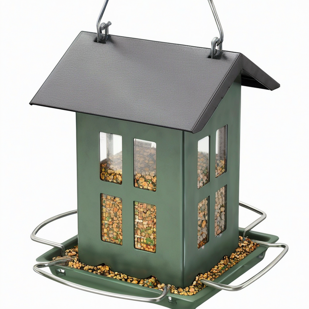 Mangeoire à oiseaux 25 x 25 x 30 cm en métal vert suspendue avec plateau collecteur