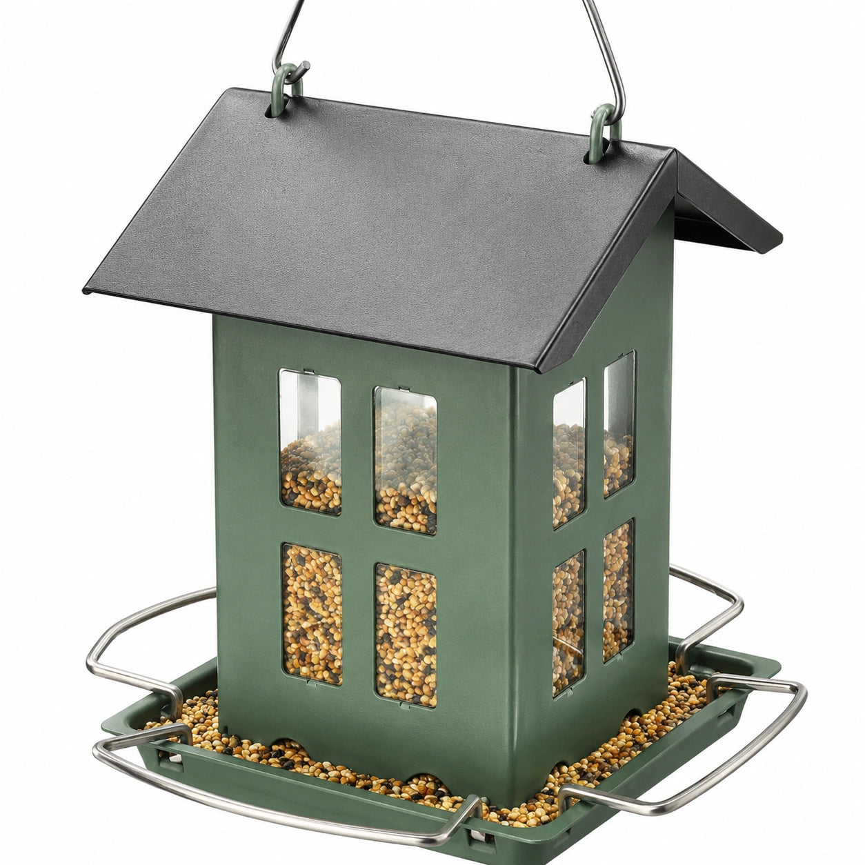 Mangeoire à oiseaux 25 x 25 x 30 cm en métal vert suspendue avec plateau collecteur