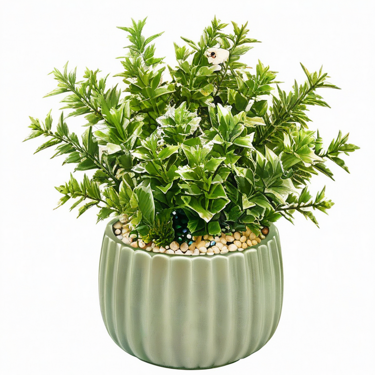 Plante artificielle en pot 38 cm feuillage vert et blanc en plastique décoratif