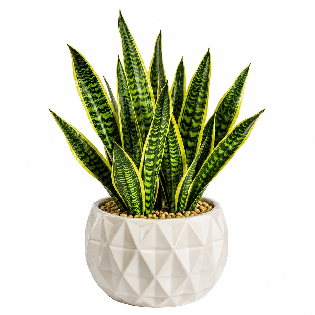 Plante artificielle Sansevieria 70 cm en plastique vert et jaune avec pot décoratif intérieur
